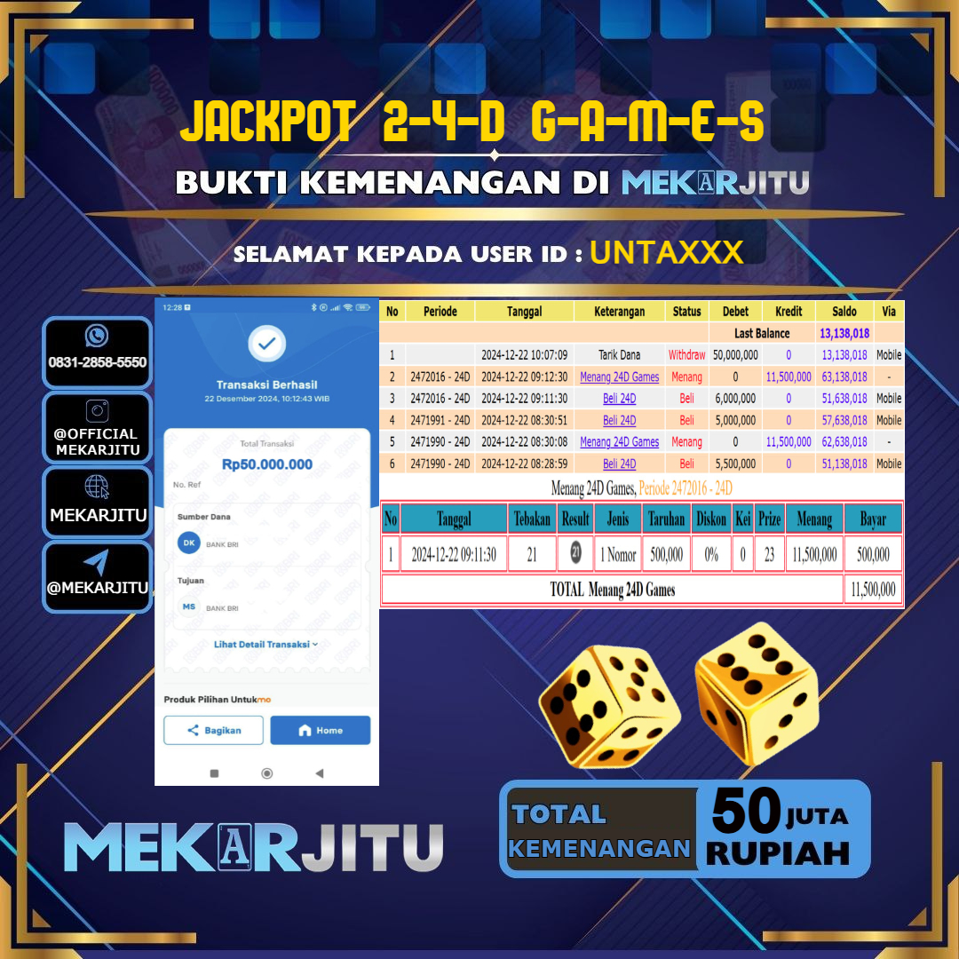 MEKARJITU JACKPOT LIVE GAMES 24D GAMES RP. 50.000.000,- LUNAS USER ID:       UNTA***                