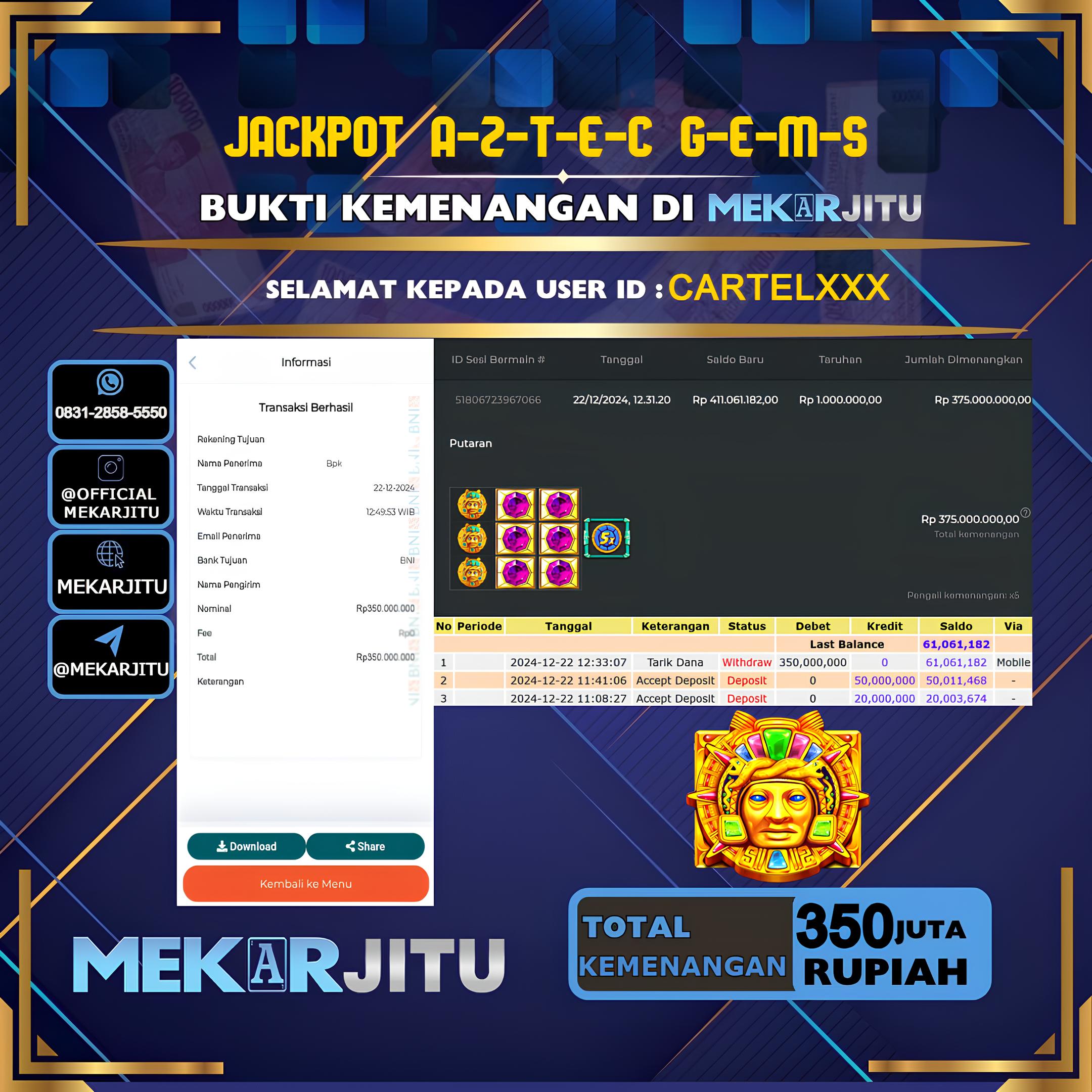 MEKARJITU JACKPOT SLOT AZTEC GEMS  RP. 350.000.000,- LUNAS USER ID: CARTEL***      