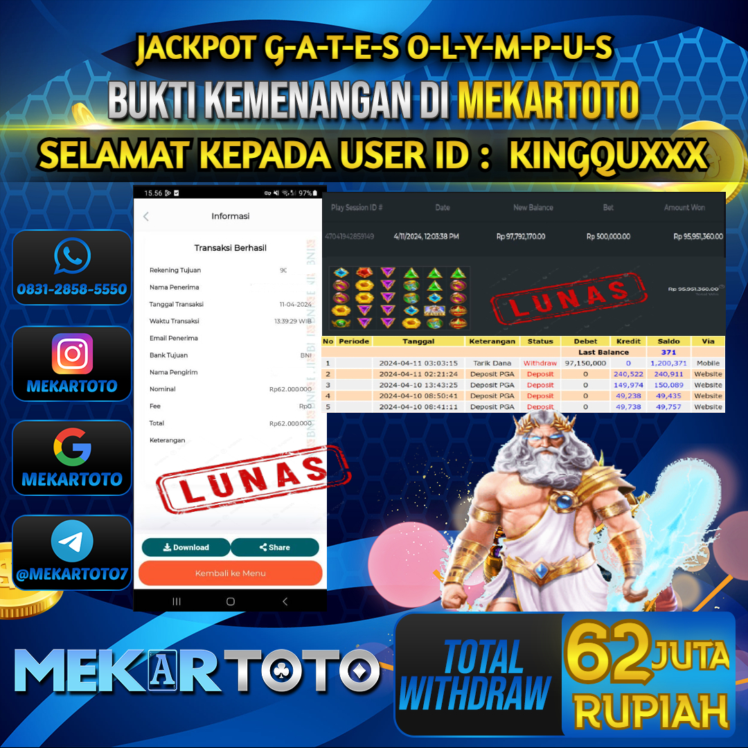 MEKARJITU  JACKPOT SLOT GATES OF OLYMPUS RP. 62.000.000,-  LUNAS