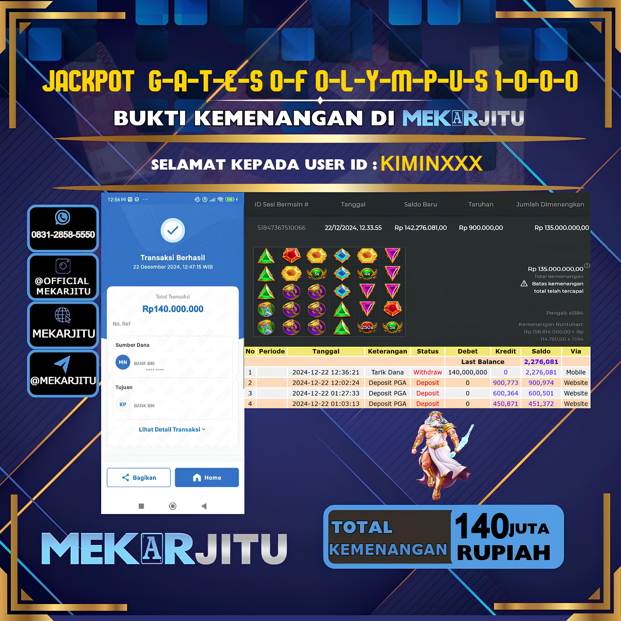 MEKARJITU JACKPOT SLOT GATES OF OLYMPUS 1000  RP. 140.000.000,- LUNAS USER ID: KIMIN***      