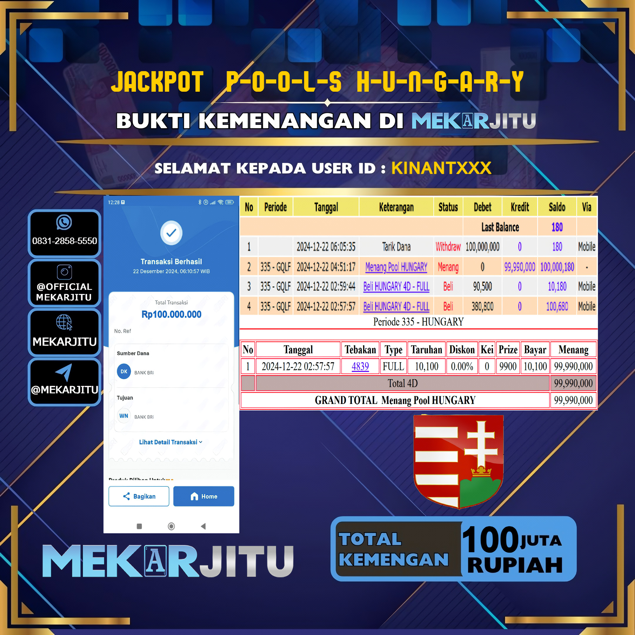 MEKARJITU JACKPOT TOGEL POOLS HUNGARY  RP. 100.000.000,- LUNAS USER ID: KINANT***      